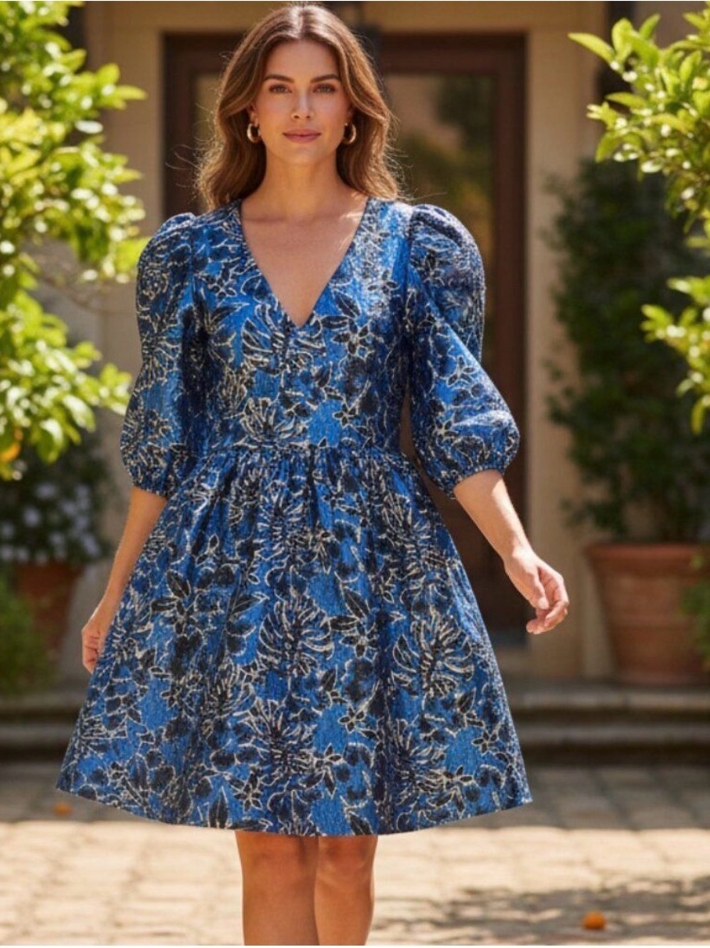 Lilly Pulitzer Blue Metallic Floral Brocade Calyssa V-Neck Puff-Sleeve Dress